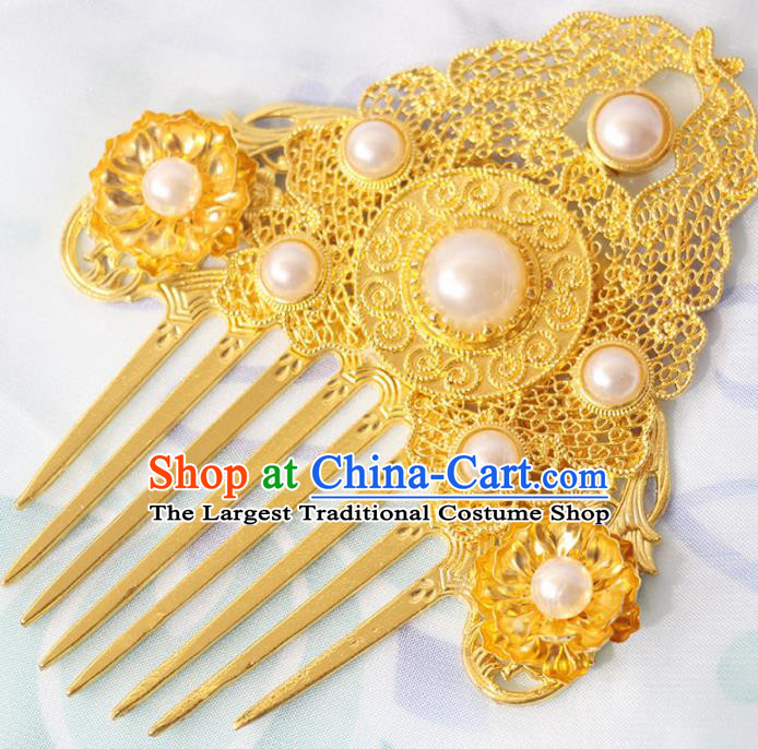 Chinese Classical Wedding Golden Hair Comb Handmade Ming Dynasty Headpiece Traditional Hanfu Hair Accessories Ancient Empress Pearls Hairpin