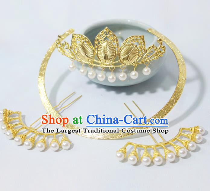 Chinese Traditional Hanfu Hair Accessories Ancient Empress Hairpins Classical Wedding Golden Hair Crown Handmade Song Dynasty Headpieces