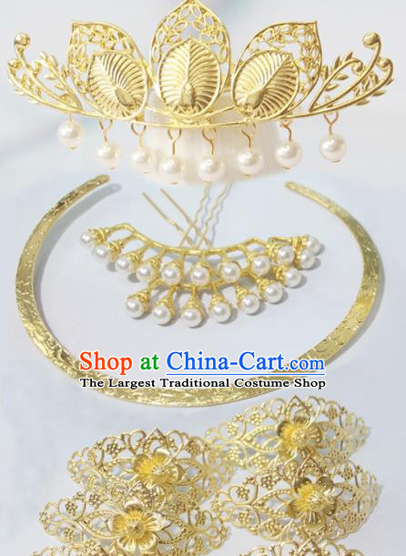 Chinese Traditional Hanfu Hair Accessories Ancient Empress Hairpins Classical Wedding Golden Hair Crown Handmade Song Dynasty Headpieces