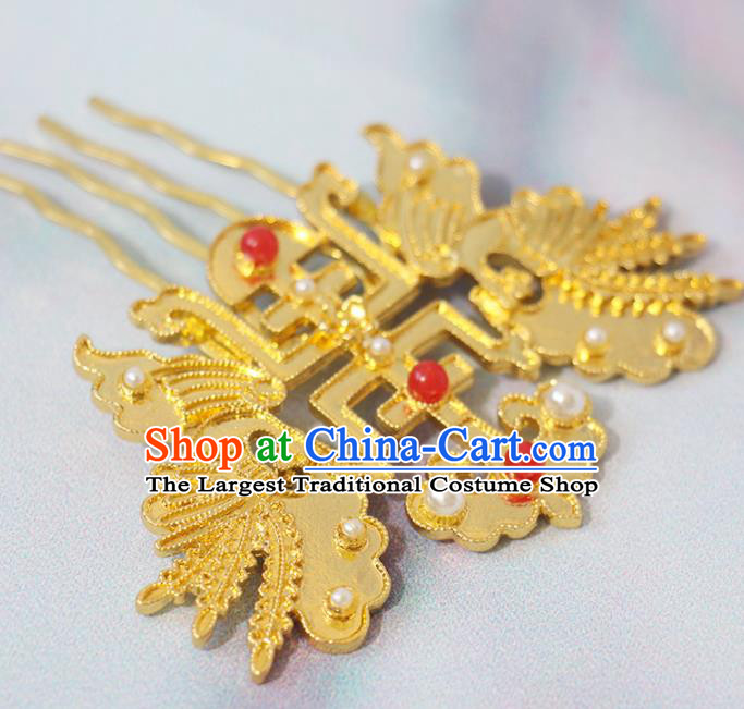 Chinese Handmade Ming Dynasty Headpiece Traditional Hanfu Hair Accessories Ancient Empress Hairpin Classical Wedding Golden Hair Comb