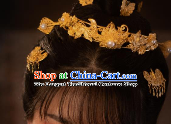 Chinese Traditional Hanfu Hair Accessories Ancient Princess Gilding Hairpin Classical Wedding Pearl Hair Stick Handmade Ming Dynasty Headpiece