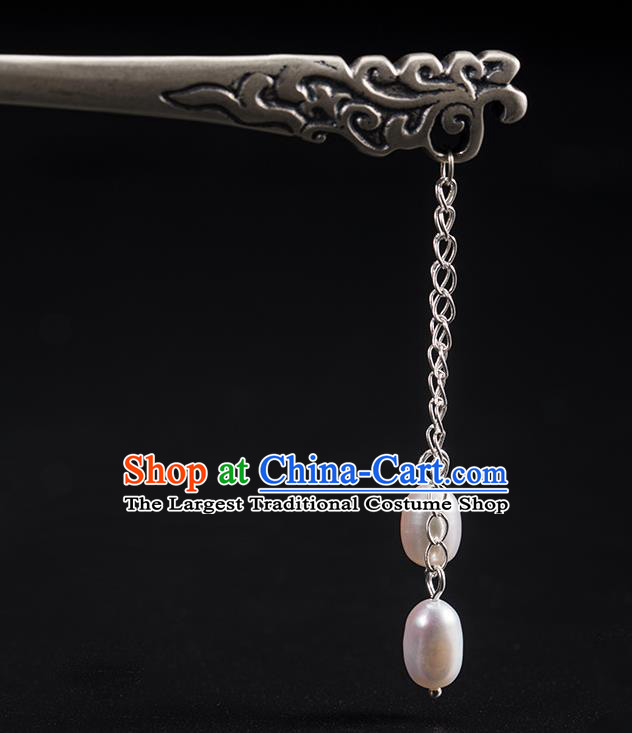 Chinese Handmade Silver Carving Hairpin Classical Pearl Tassel Hair Stick Cheongsam Headpiece Traditional Hair Accessories