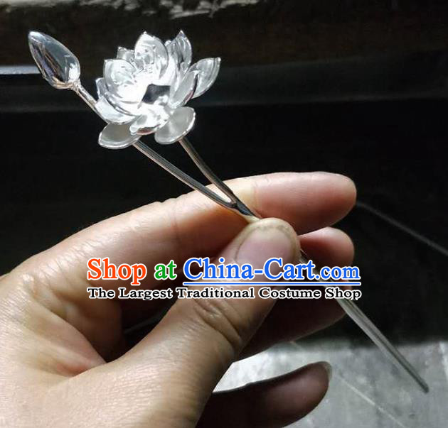 Chinese Cheongsam Headpiece Traditional Hair Accessories Handmade Silver Tassel Hairpin Classical Carving Lotus Hair Stick