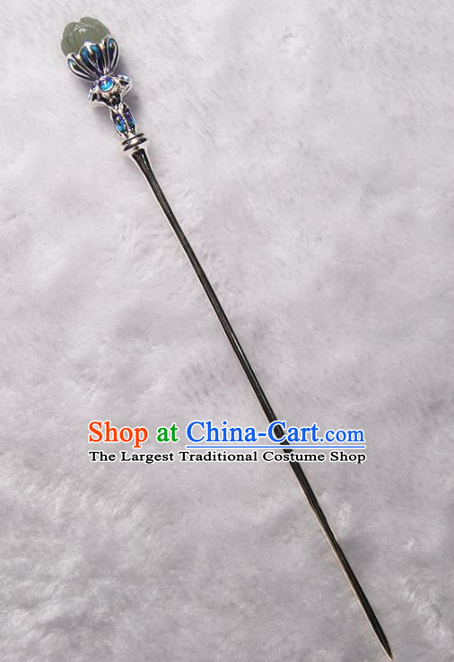 Chinese Cheongsam Headpiece Traditional Hair Accessories Handmade Jade Lotus Hairpin Classical Cloisonne Silver Hair Stick