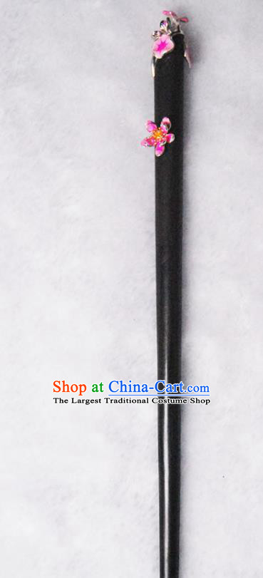 Chinese Classical Ebony Hair Stick Cheongsam Headpiece Traditional Hair Accessories Handmade Enamel Red Lotus Hairpin