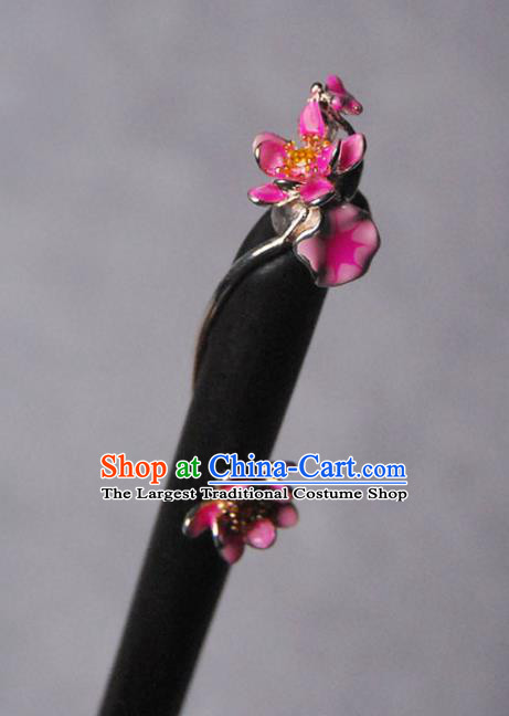 Chinese Classical Ebony Hair Stick Cheongsam Headpiece Traditional Hair Accessories Handmade Enamel Red Lotus Hairpin