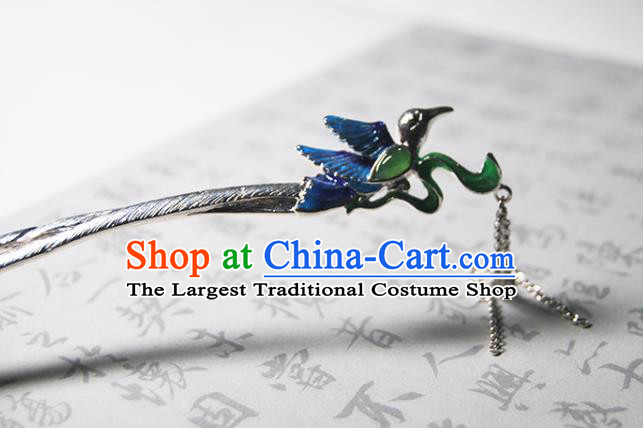 Chinese Handmade Cloisonne Silver Hairpin Traditional Hair Accessories Classical Jade Tassel Hair Stick Cheongsam Headpiece