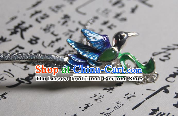 Chinese Handmade Cloisonne Silver Hairpin Traditional Hair Accessories Classical Jade Tassel Hair Stick Cheongsam Headpiece