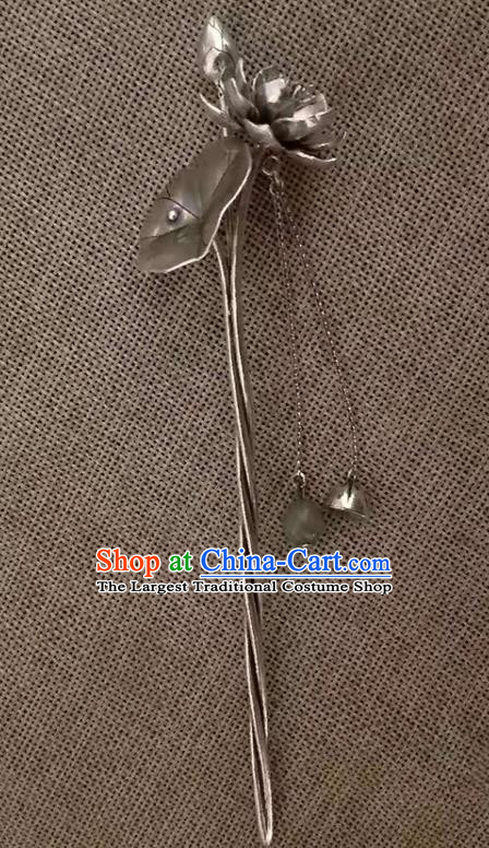 Chinese Classical Silver Lotus Tassel Hair Stick Cheongsam Headpiece Handmade Hairpin Traditional Hair Accessories