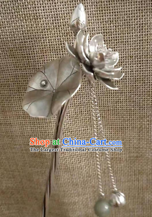 Chinese Classical Silver Lotus Tassel Hair Stick Cheongsam Headpiece Handmade Hairpin Traditional Hair Accessories