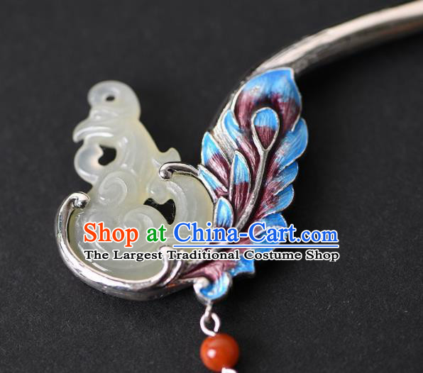 Chinese Cheongsam Headpiece Handmade Jade Phoenix Hairpin Traditional Hair Accessories Classical Cloisonne Silver Hair Stick