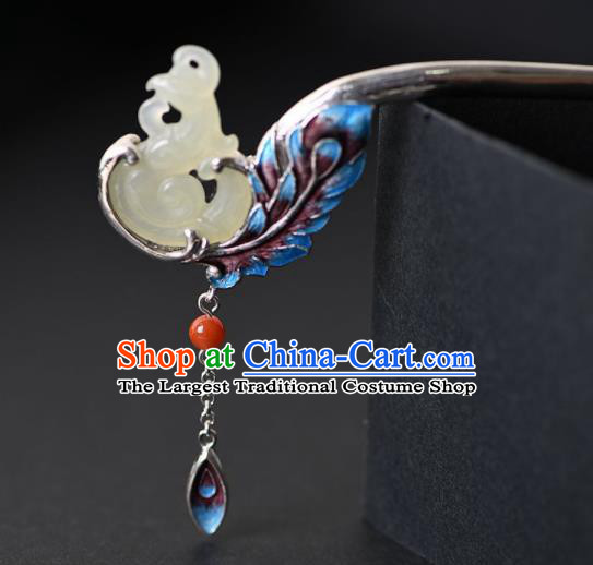 Chinese Cheongsam Headpiece Handmade Jade Phoenix Hairpin Traditional Hair Accessories Classical Cloisonne Silver Hair Stick