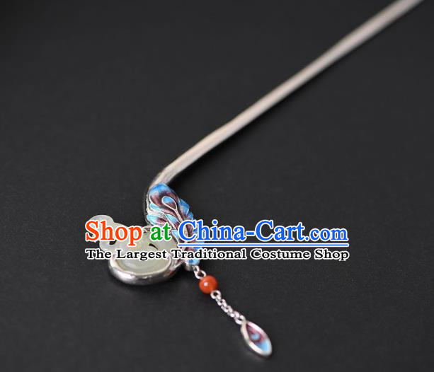 Chinese Cheongsam Headpiece Handmade Jade Phoenix Hairpin Traditional Hair Accessories Classical Cloisonne Silver Hair Stick