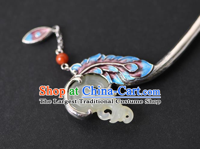 Chinese Cheongsam Headpiece Handmade Jade Phoenix Hairpin Traditional Hair Accessories Classical Cloisonne Silver Hair Stick