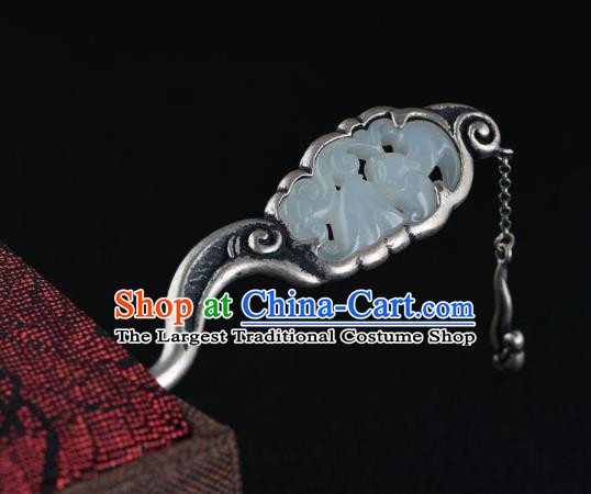 Chinese Classical Silver Tassel Hair Stick Cheongsam Headpiece Handmade Hetian Jade Hairpin Traditional Hair Accessories