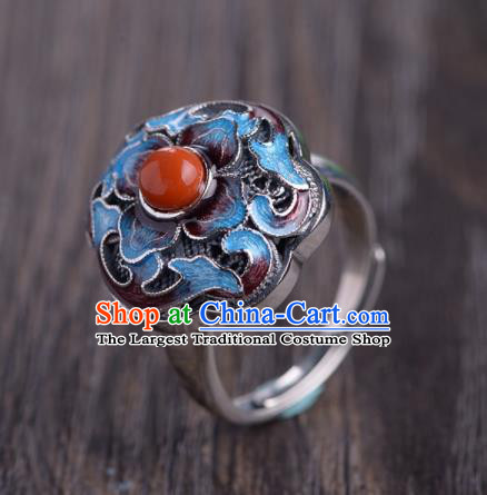 Chinese Handmade Cloisonne Ring Classical Silver Jewelry Accessories Cheongsam Agate Finger Circlet