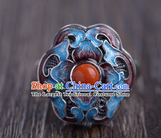 Chinese Handmade Cloisonne Ring Classical Silver Jewelry Accessories Cheongsam Agate Finger Circlet