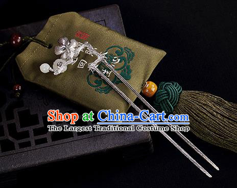 Chinese Cheongsam Accessories Headpiece Handmade Silver Hairpin Traditional Hair Jewelry Classical Jade Plum Hair Stick