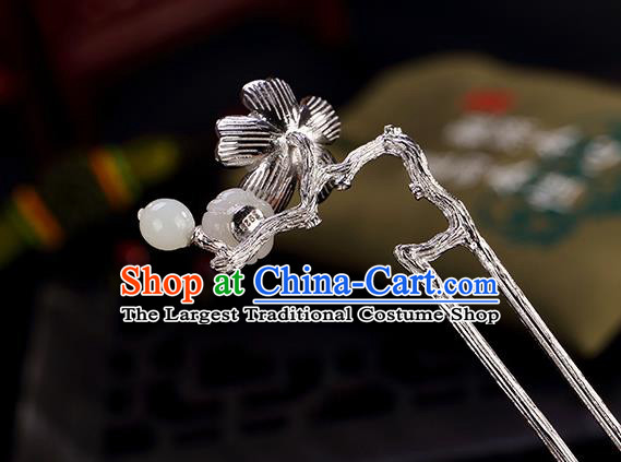 Chinese Cheongsam Accessories Headpiece Handmade Silver Hairpin Traditional Hair Jewelry Classical Jade Plum Hair Stick