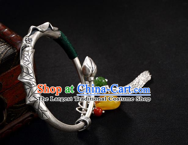 Chinese Cheongsam Wristlet Accessories Handmade Carving Lotus Bracelet Classical Silver Bangle Jewelry