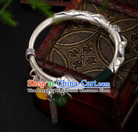Chinese Cheongsam Wristlet Accessories Handmade Carving Lotus Bracelet Classical Silver Bangle Jewelry