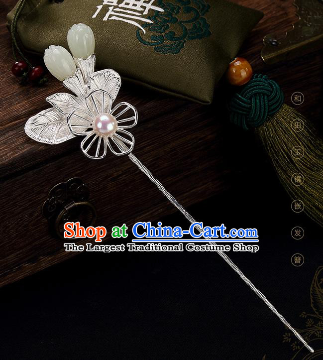 Chinese Classical Jade Mangnolia Hair Stick Cheongsam Accessories Headpiece Handmade Silver Hairpin Traditional Hair Jewelry