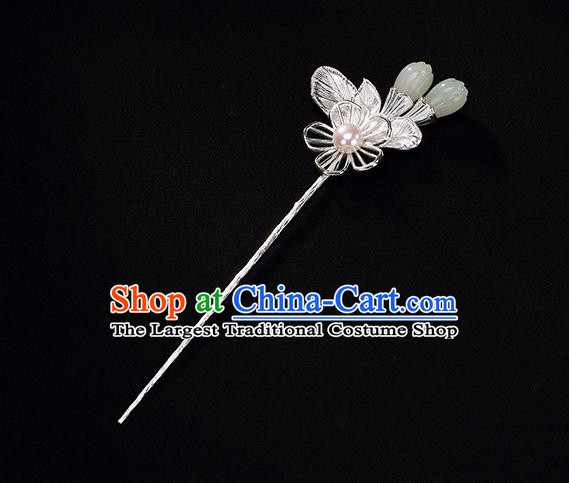 Chinese Classical Jade Mangnolia Hair Stick Cheongsam Accessories Headpiece Handmade Silver Hairpin Traditional Hair Jewelry