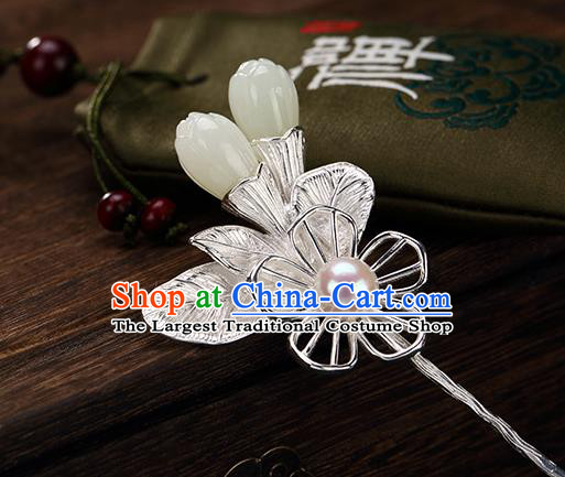 Chinese Classical Jade Mangnolia Hair Stick Cheongsam Accessories Headpiece Handmade Silver Hairpin Traditional Hair Jewelry