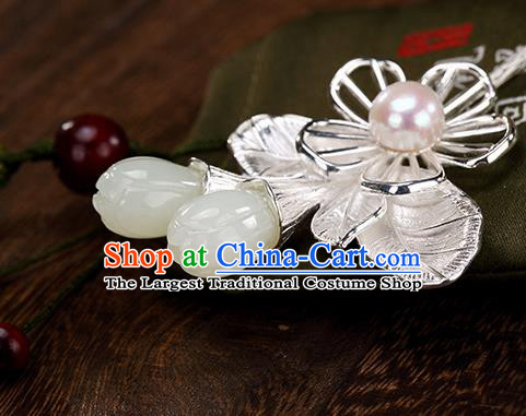 Chinese Classical Jade Mangnolia Hair Stick Cheongsam Accessories Headpiece Handmade Silver Hairpin Traditional Hair Jewelry