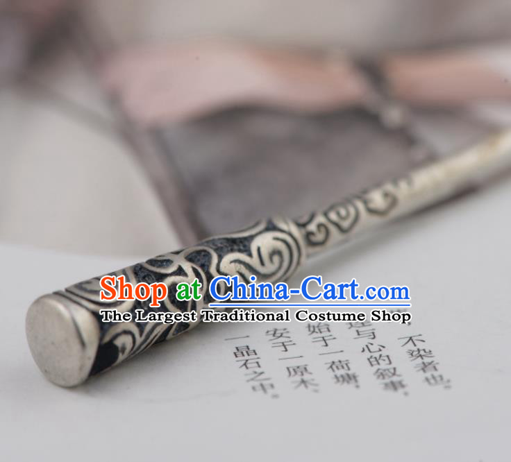 Chinese Handmade Carving Cudgel Hairpin Traditional Hair Accessories Classical Silver Hair Stick Cheongsam Headpiece