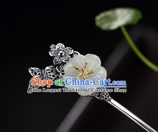 Chinese Handmade Hetian Jade Plum Hairpin Traditional Hair Jewelry Classical Silver Hair Stick Cheongsam Accessories Headpiece