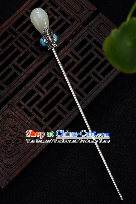 Chinese Cheongsam Accessories Headpiece Handmade Hetian Jade Mangnolia Hairpin Traditional Hair Jewelry Classical Silver Hair Stick