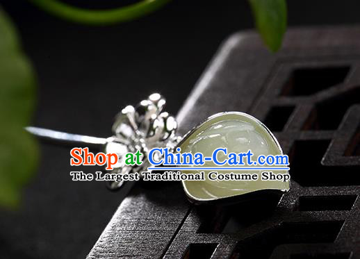 Chinese Classical Silver Hair Stick Cheongsam Accessories Headpiece Handmade Hetian Jade Mangnolia Hairpin Traditional Hair Jewelry