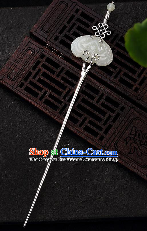 Chinese Handmade Hetian Jade Hairpin Traditional Hair Jewelry Classical Silver Hair Stick Cheongsam Accessories Headpiece