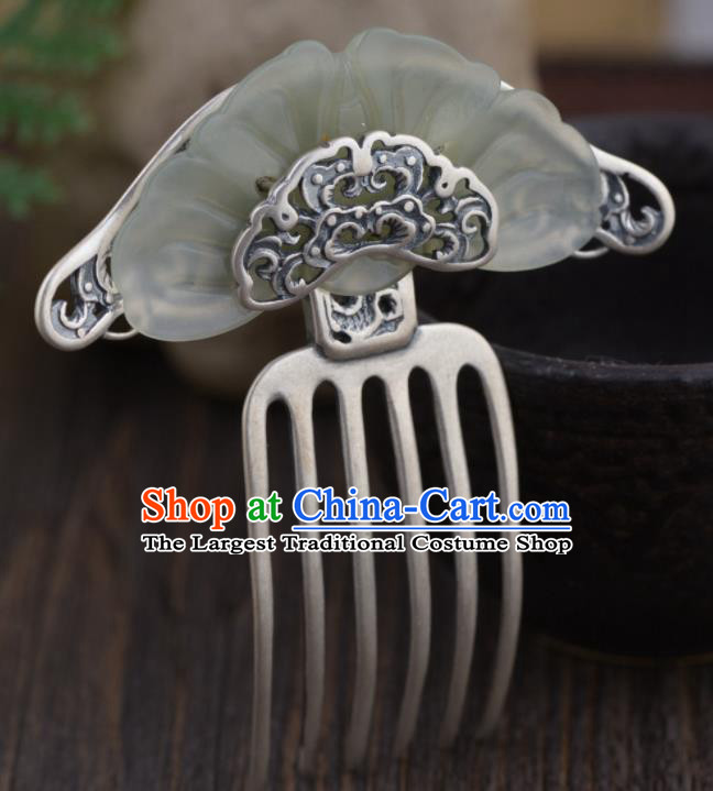 Chinese Cheongsam Accessories Headpiece Handmade Hetian Jade Peony Hairpin Traditional Hair Jewelry Classical Silver Hair Comb