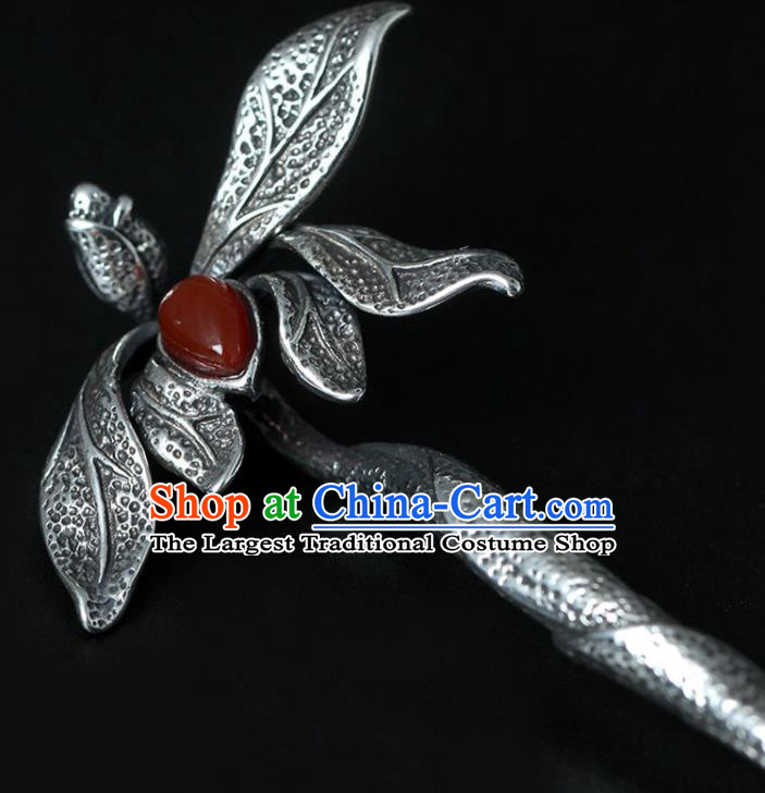 Chinese Classical Agate Hair Stick Cheongsam Accessories Headpiece Handmade Silver Orchids Hairpin Traditional Hair Jewelry