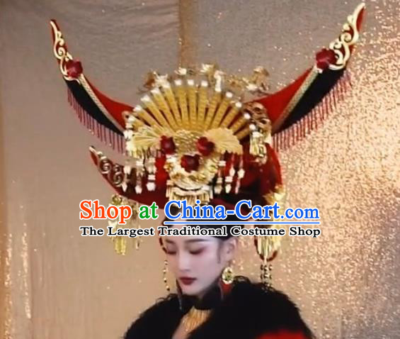 Custom China Wedding Hair Accessories Stage Show Red Giant Hair Crown Opera Deluxe Phoenix Coronet Catwalks Headdress