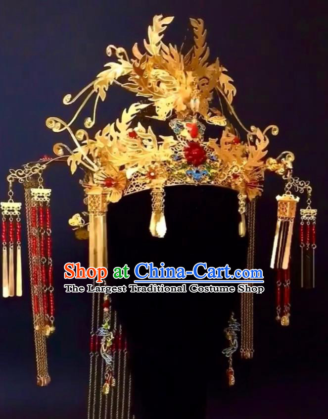Custom China Wedding Hair Accessories Stage Show Golden Hair Crown Ancient Empress Deluxe Cloisonne Phoenix Coronet Catwalks Headdress