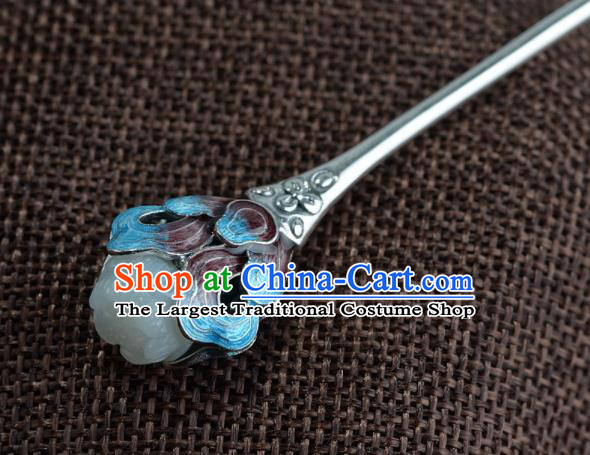 Chinese Classical Jade Mangnolia Hair Stick Cheongsam Headpiece Handmade Cloisonne Silver Hairpin Traditional Hair Accessories