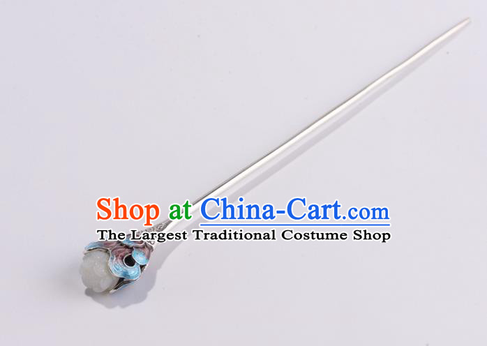 Chinese Classical Jade Mangnolia Hair Stick Cheongsam Headpiece Handmade Cloisonne Silver Hairpin Traditional Hair Accessories