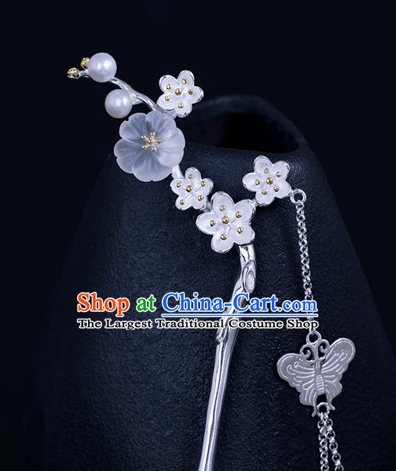 Chinese Handmade Silver Butterfly Tassel Hairpin Traditional Hair Jewelry Classical Crystal Plum Hair Stick Cheongsam Headpiece