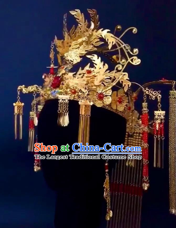 Custom China Wedding Hair Accessories Stage Show Golden Hair Crown Ancient Empress Deluxe Cloisonne Phoenix Coronet Catwalks Headdress