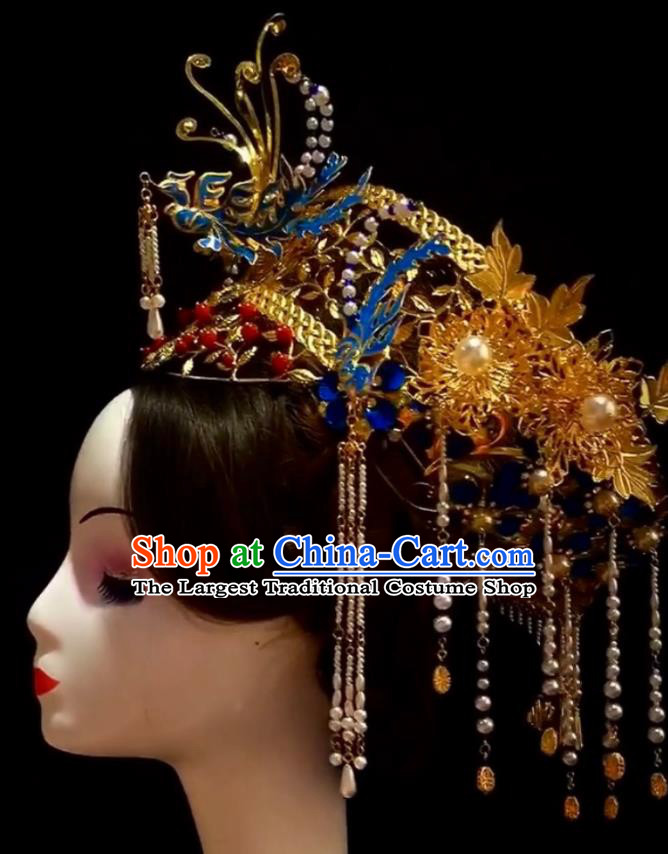 Top China Wedding Headdress Stage Show Cloisonne Hair Crown Ancient Imperial Concubine Deluxe Phoenix Coronet Catwalks Hair Accessories
