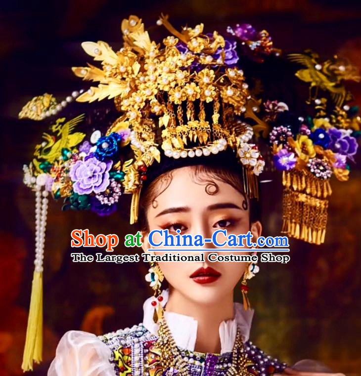 China Catwalks Hair Accessories Wedding Headdress Stage Show Cloisonne Hair Crown Ancient Qing Dynasty Imperial Concubine Deluxe Phoenix Coronet