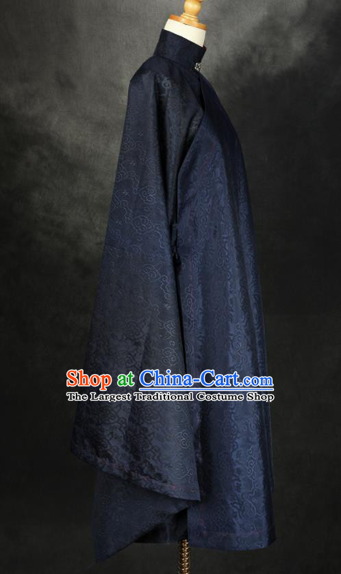 China Traditional Hanfu Navy Silk Long Gown Noble Woman Historical Clothing Ancient Ming Dynasty Royal Countess Garment Costume