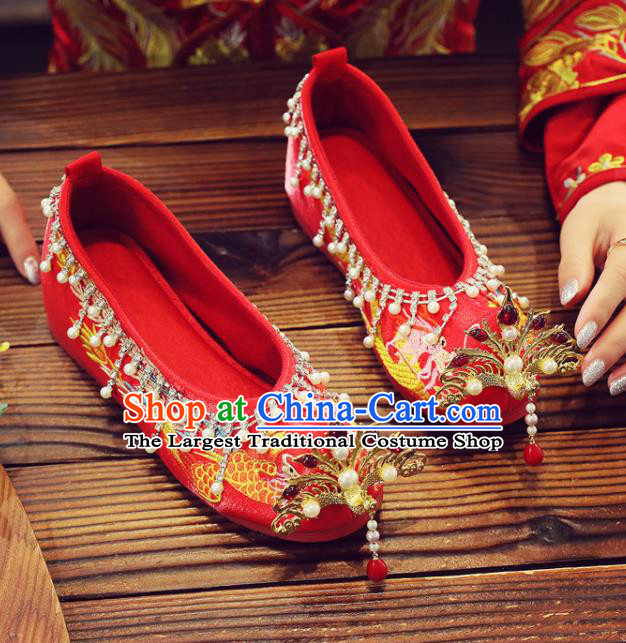 China Wedding Golden Phoenix Head Shoes Embroidered Pearls Shoes Handmade Bride Shoes Xiuhe Red Satin Shoes