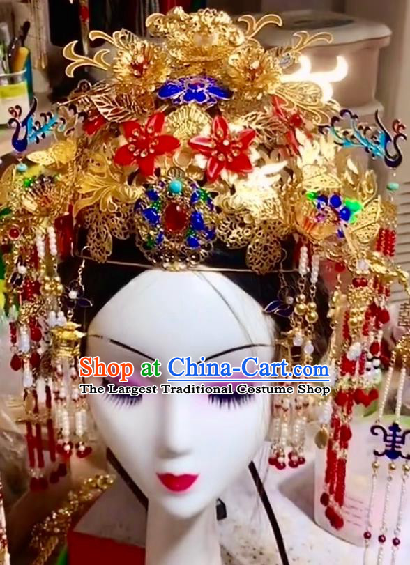 Top China Ancient Empress Cloisonne Phoenix Coronet Catwalks Headdress Wedding Hair Accessories Stage Show Deluxe Hair Crown