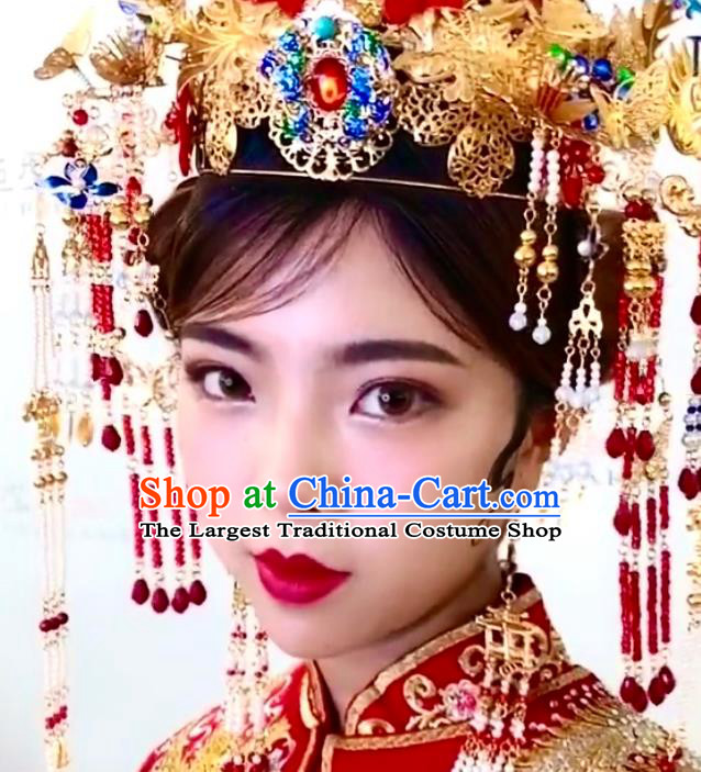 Top China Ancient Empress Cloisonne Phoenix Coronet Catwalks Headdress Wedding Hair Accessories Stage Show Deluxe Hair Crown