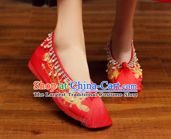 China Xiuhe Red Satin Shoes Classical Wedding Shoes Embroidered Pearls Shoes Handmade Bride Shoes