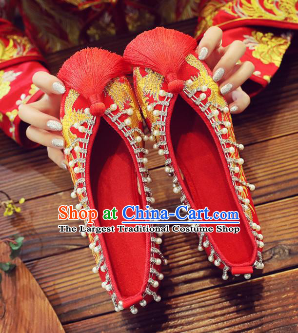 China Xiuhe Red Satin Shoes Classical Wedding Shoes Embroidered Pearls Shoes Handmade Bride Shoes